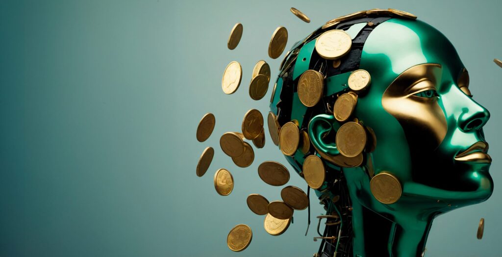 advanced technological robot interacting with money finance