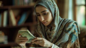 woman interacting with money
